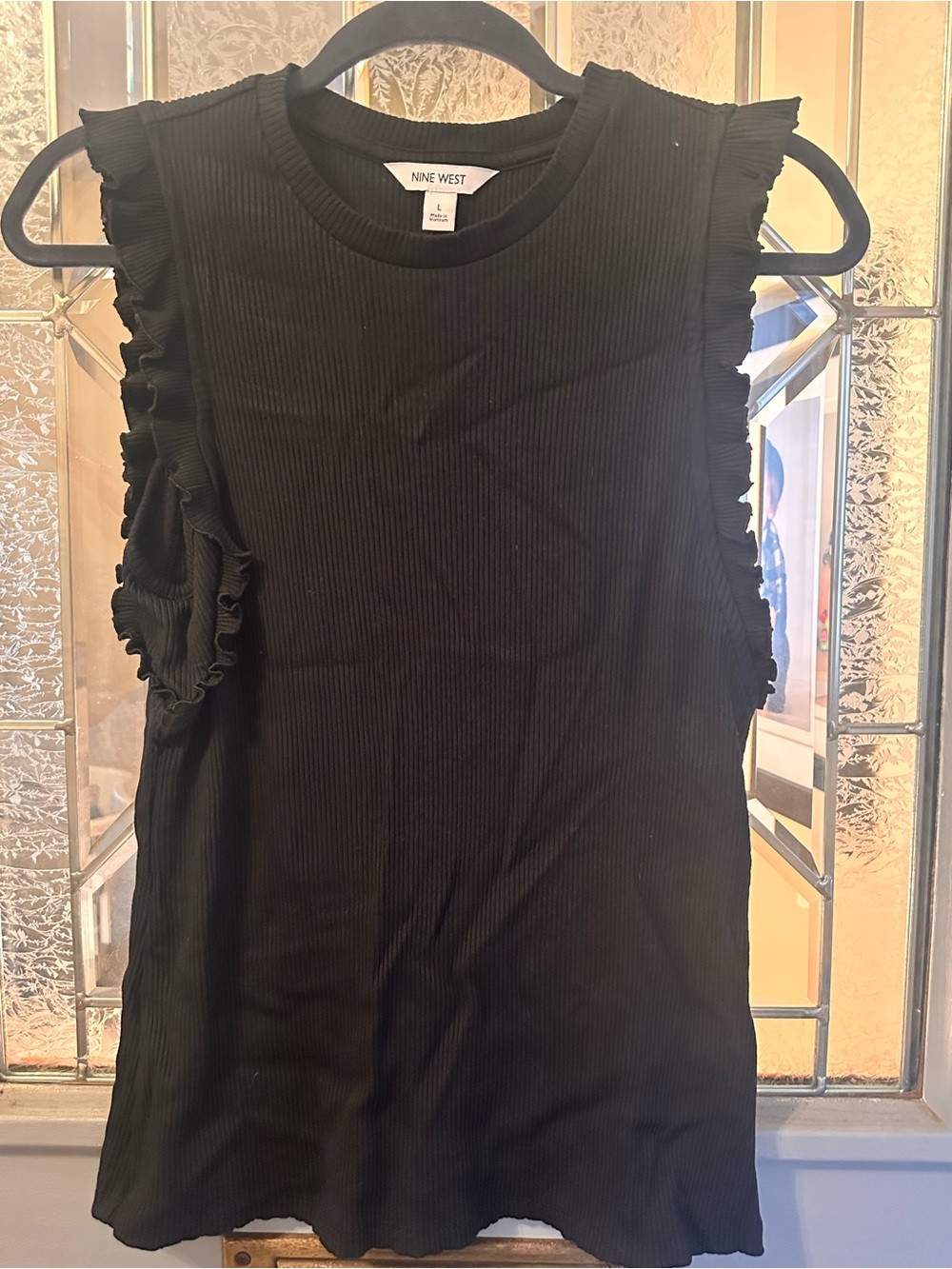 Nine West Black Ribbed Tank with Ruffle Trim